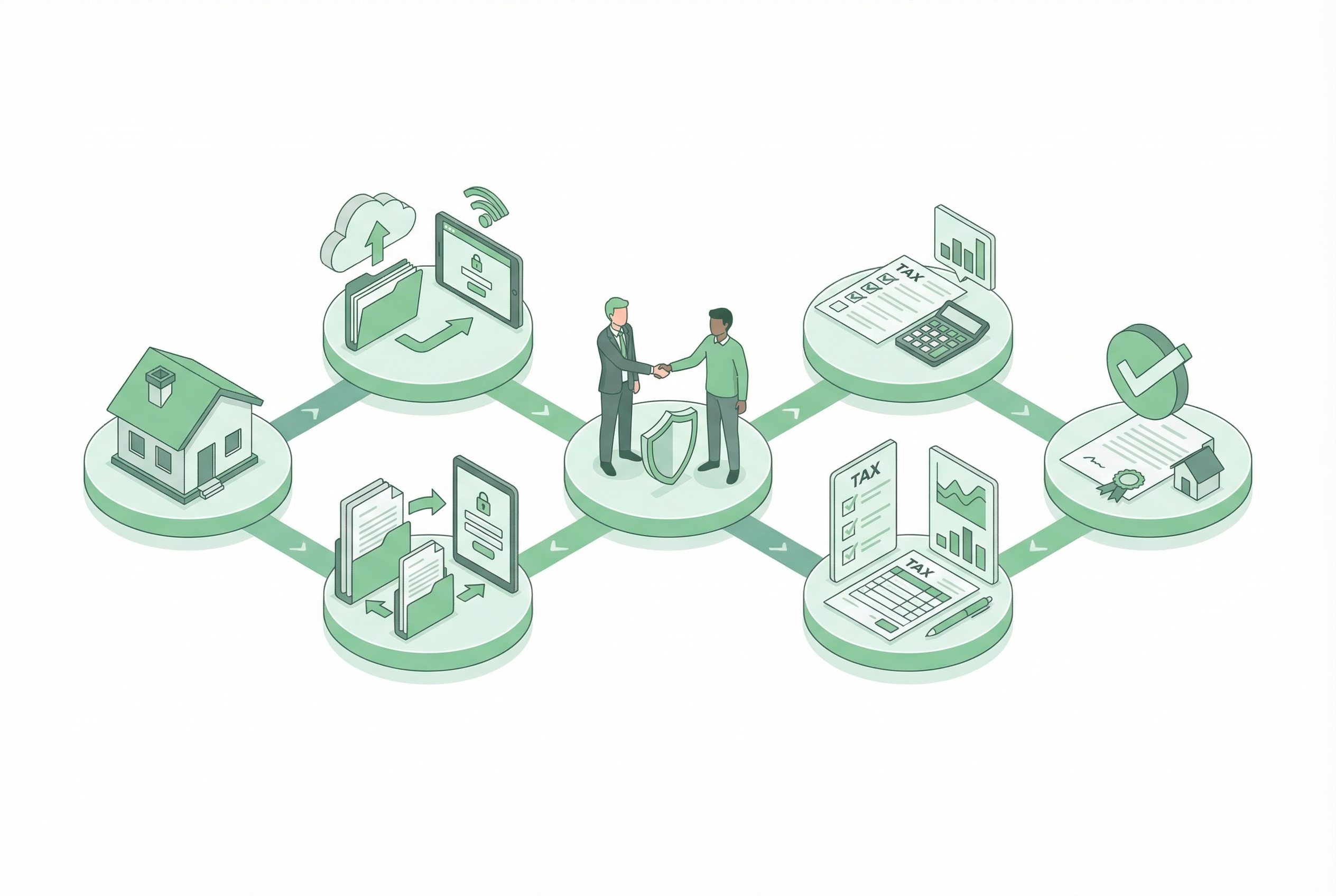 Isometrische illustratie van het samenwerkingsproces — hypotheek, documenten, belasting en afronding