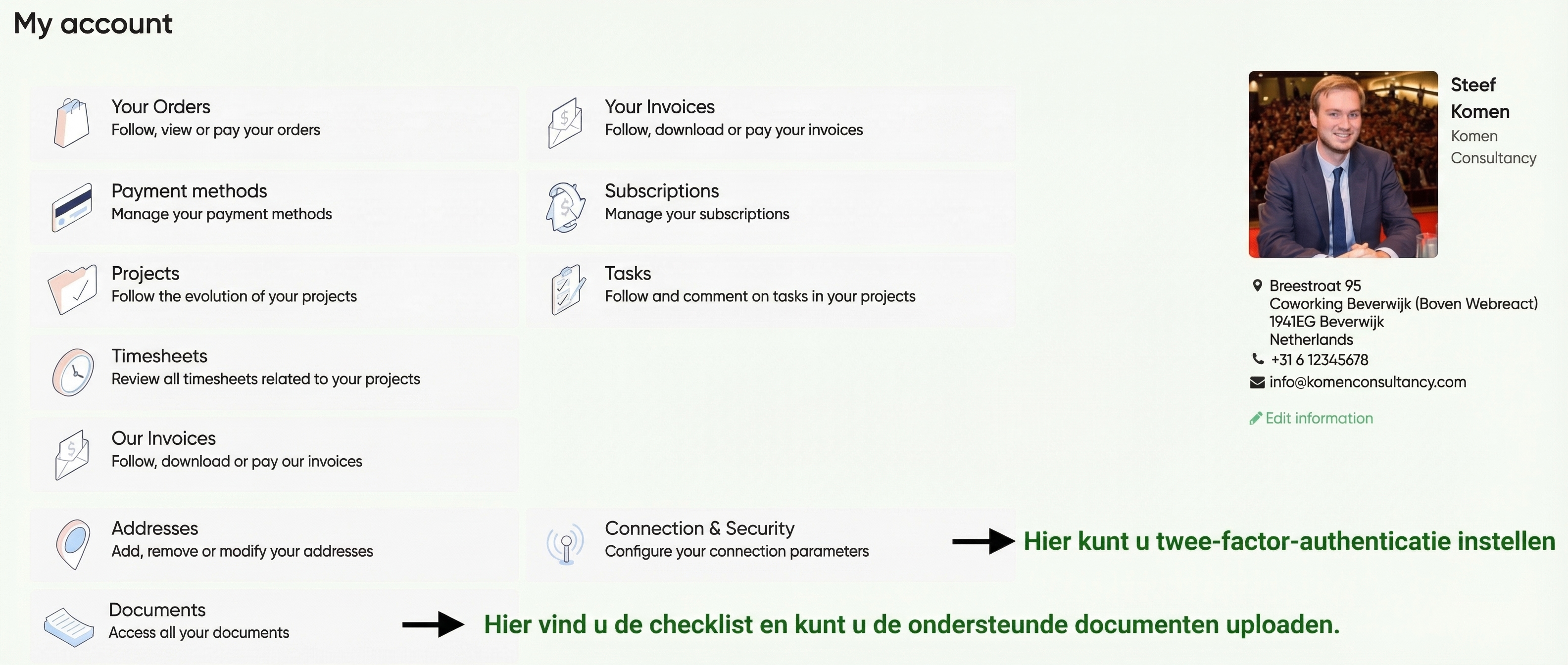 Overzicht van jouw persoonlijke portal — My Account met documenten, twee-factor-authenticatie en meer